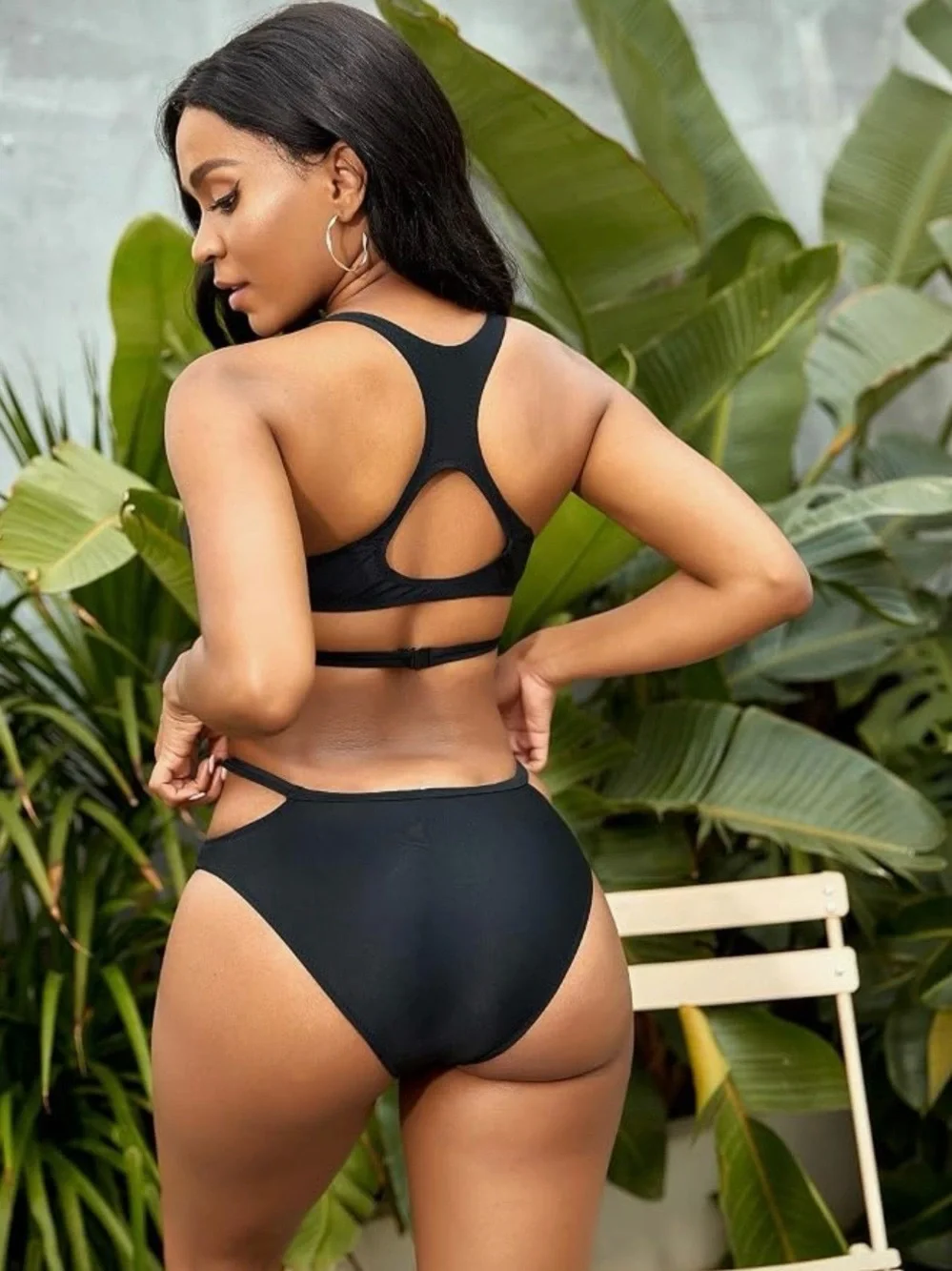 Black Cutout Racerback Bikini Set High Waisted Sport Two Piece Swimsuit Large